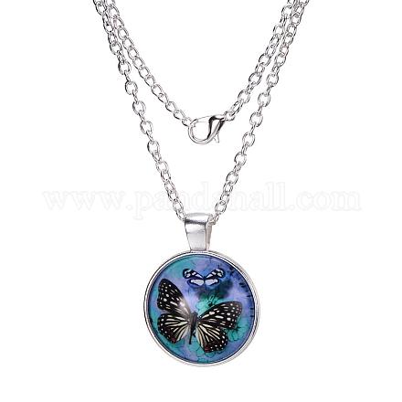 Butterfly Pattern Flat Round Glass Pendant Necklaces X-NJEW-N0051-008C-02-1