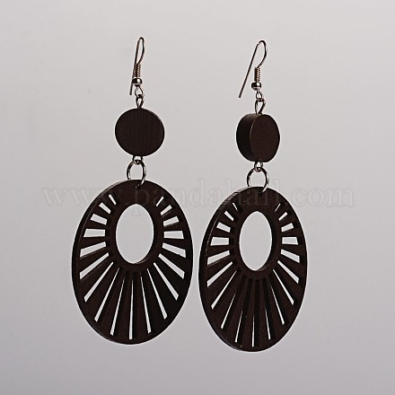 Boucles d'oreilles avec pendentif rond et plat en bois EJEW-F0090-12B-1