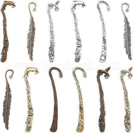 SUNNYCLUE 12Pcs 12 Styles Hook Bookmarks Findings Metal Bookmark Hairpin Stripe Hook Vintage Bookmark Clip for Crafting Jewelry Making Charms Findings Accessories PALLOY-SC0003-83-1