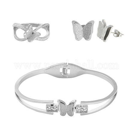 304 Stainless Steel Butterfly Stud Earrings & Finger Ring & Bangle SJEW-TZ0001-01-1