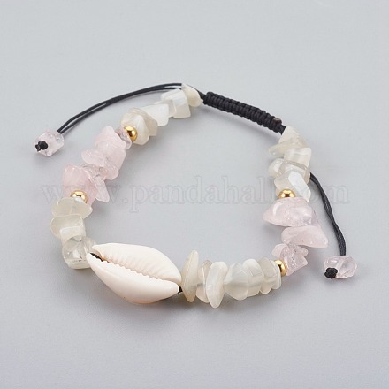 Natural Rose Quartz & White Moonstone Chip Braided Bead Bracelets BJEW-JB04080-01-1