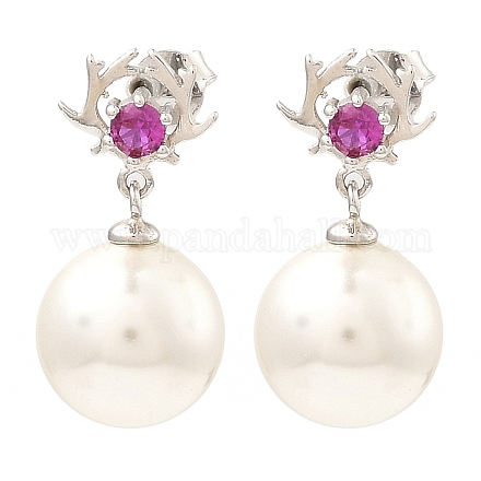 Orecchini pendenti rotondi con perle di conchiglia e zirconi EJEW-Z024-05P-1