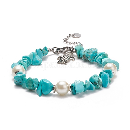 Synthetic Turquoise(Dyed) Chips & Imitation Pearl Beaded Bracelet with Alloy Turtle Charm BJEW-TA00145-1