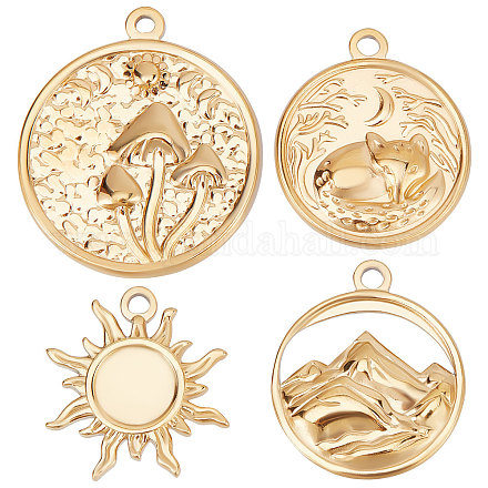 Beebeecraft 1 Box 12Pcs 4 Style Flat Round Charms 18K Gold Plated Stainless Steel Pendants Mountain Sun Moon Mushroom Charm Pendant Beads for Jewelry Making Necklace Bracelet STAS-BBC0001-61-1