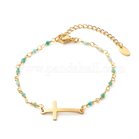 Cross Link Bracelet, Natural Amazonite Beads Bracelet for Girl Women,  Golden, 7-1/4 inch(18.5cm)