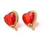 Rack Plating Brass Rhinestone Stud Earring Finding, with Glass, Heart with Vertical Loops, Real 18K Gold Plated, Cadmium Free & Lead Free, Red, 20.5x17mm, Hole: 1.6mm, Pin: 0.7mm