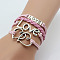 PU Leather & Hemp Cord Multi-strand Bracelets, Alloy Love & Heart Charm Link Bracelets for Women, Pink, 6-1/4~7-1/8 inch(16~18cm)