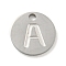 Non-Tarnish 304 Stainless Steel Pendants, Laser Cut, Flat Round with Letter Charm, Stainless Steel Color, Letter A, 10x1mm, Hole: 1.4mm