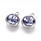 Glass Rhinestone Charms, with 304 Stainless Steel Findings, Faceted, Flat Round, Stainless Steel Color, Purple Velvet, 14x10x7mm, Hole: 2.5mm