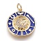 Brass Enamel Pendants, with Micro Pave Cubic Zirconia, Flat Round with Moon, Blue, Golden, 20x18x2.5mm, Hole: 3.5mm
