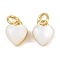 Brass Pave Natural White Shell Heart Charms with Jump Rings, Real 18K Gold Plated, 9x7x5mm, Hole: 3mm