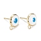 Eco-Friendly Brass Enamel Stud Earring Findings, with Loops, Real 18K Gold Plated, Flat Round with Eviel Eye, White, 13x10mm, Hole: 1.8mm, Pin: 0.7mm