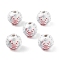 Printed Natural Wood European Beads, Large Hole Bead, Round with Christmas Leaf Pattern, White, 19mm, Hole: 4mm