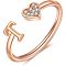 Adjustable Brass Rhinestone Cuff Rings, Letter & Heart, Rose Gold, Letter T, Inner Diameter: 15~20mm