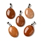 Natural Red Aventurine Pendants, Oval Charms with Rack Plating Platinum Plated Brass Snap on Bails, 30x21.5~22x6~6.5mm, Hole: 6x4mm