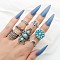 7Pcs Alloy with Synthetic Turquoise Finger Rings, Flower/Teardrop/Heart, Antique Silver, Inner Diameter: 14~18mm