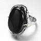 Adjustable Oval Brass Natural Black Agate Wide Band Rings RJEW-L062-03O-2