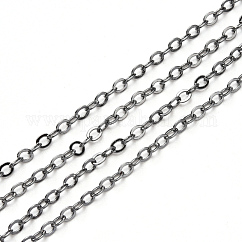 Cadenas de cable de latón, soldada, Sin cadmio y níque y plomo, con carrete, Plano Oval, gunmetal, 2.2x1.9x0.3mm, apto para anillos de salto de 0.6x4 mm, aproximadamente 32.8 pie (10 m) / rollo
