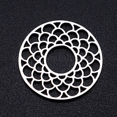 Enlaces de unión de filigrana de acero inoxidable 201 resistentes al deslustre, Corte con laser, plano y redondo con flor, color acero inoxidable, 17.5x1mm