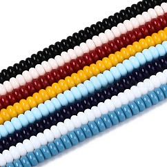 Cuentas de vidrio opaco electrochapa color sólido hebras, rerondana plana, color mezclado, 6~6.5x3mm, agujero: 1 mm, aproximamente 112~115 pcs / cadena, 14.17~14.96'' (36~38 cm)