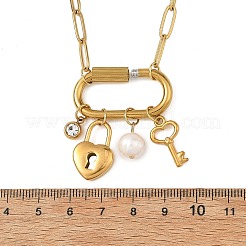 304ステンレススチール製の鍵と錠のペンダント、ペーパークリップチェーンネックレス。天然淡水パールとネジ式留め具付き。  ゴールドカラー  17.91インチ（45.5cm）&nbsp;NJEW-JN06493