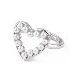 Anneau ajustable en forme de coeur évidé avec perle en plastique&nbsp;RJEW-L100-012P