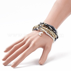 2 個 2 色天然溶岩 & 合成ヘマタイト & シェル ビーズ マルチ連 ブレスレット セット  三日月のチャームが付いたエナメルの笑顔のストレッチブレスレット、女性用の積み重ね可能なブレスレット  白黒  内径：2インチ（5cm）  1pc /カラー&nbsp;BJEW-JB08784