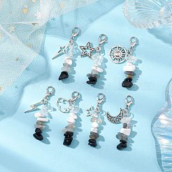 天然水晶、黒曜石、ラブラドライト、合成ホワイトハウライトチップビーズペンダント装飾  星/太陽/月の合金チャーム付き  50mm  7個/セット&nbsp;HJEW-JM02127