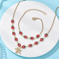 Комплекты браслетов и ожерелий из нержавеющей стали 304 и латунной эмали с клубничными звеньями&nbsp;SJEW-JS01374