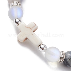 Женские эластичные браслеты из бисера с перекрестными натуральными и синтетическими драгоценными камнями BJEW-JB10165