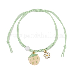 花とイチゴの合金エナメルチャームブレスレット  女性用ワックスコットンコード編みビーズブレスレット  アクリルビーズで  ゴールドカラー  淡緑色  内径：3/4~3-7/8インチ（2~9.7cm）&nbsp;BJEW-JB11696-05