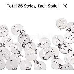 304ステンレススチールチャーム  アルファベット付きのフラットラウンド  ステンレス鋼色  a～zの文字  11.5x1mm  穴：3.5mm  26個/セット&nbsp;STAS-PH0019-18P