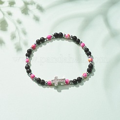 Bracelet extensible en perles de pierres précieuses mélangées naturelles et synthétiques avec croix en zircone cubique transparente pour femme&nbsp;BJEW-JB08247-04