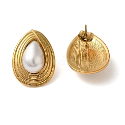 304ステンレススチールとプラスチックパールのフープピアス（女性用）  ティアドロップ  ゴールドカラー  25x18mm&nbsp;EJEW-S236-02G