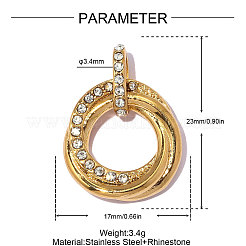 304ステンレススチールとラインストーンのペンダント  ツイストリングチャーム  18KGP本金メッキ  イオンプレーティング（ip）  長持ちメッキ  クリスタル  23x17mm  穴：3.40mm&nbsp;STAS-OY014-58G