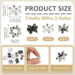 30 pz 3 stili di perline europee in lega di stile tibetano a forma di fiore&nbsp;FIND-TA0010-83