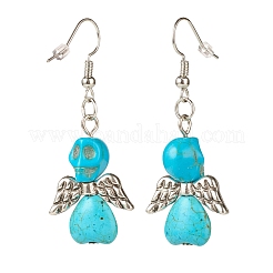 Boucles d'oreilles tête de mort turquoise synthétique avec ailes pendantes&nbsp;EJEW-JE04944-04
