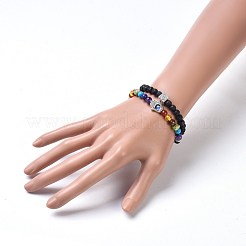 Deux boucles pierre de lave naturelle et perles de pierre mélangées naturelles / synthétiques bracelets extensibles de chaîne&nbsp;BJEW-JB04223-01