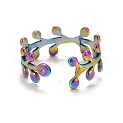 Anillo abierto con diseño de hoja de acero inoxidable 304 con baño de iones de color arcoíris (IP) para mujer&nbsp;RJEW-A005-02