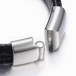 PUレザーコードブレスレット  304ステンレススチール製マグネット留め具付き  ブラック  8-5/8インチ（220mm）x12~14x5~8mm&nbsp;BJEW-F288-02B