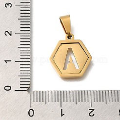 304ステンレススチールチャーム  18KGP本金メッキ  レターチャーム付き六角形  文字a  15x14x1.5mm  穴：3x5.5mm&nbsp;LS-STAS-H227-01G-A