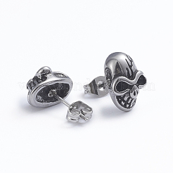 レトロ 304 ステンレス スタッド イヤリング  耳ナッツ  スカル  アンティークシルバー  13x9.5mm  ピン：0.7mm&nbsp;EJEW-L248-033AS