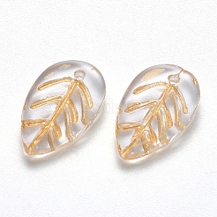 透明スプレー塗装ガラスペンダント  ゴールドインレイカラー  葉  透明  17.5x11x3.5mm  穴：1.2mm&nbsp;X-GLAA-T016-15