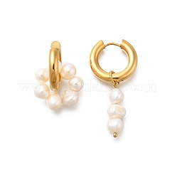 Асимметричные серьги-кольца из нержавеющей стали 304 и пресноводного жемчуга EJEW-S254-01G