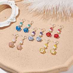 ランプワーク フラワー ガラス パール ダングル イヤリング  女性のための金メッキ真鍮ジュエリー  ミックスカラー  51.5mm  ピン：0.7mm&nbsp;EJEW-JE04994