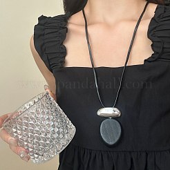 木製＆合金製オーバルペンダント、調節可能な黒色ワックスコードネックレス（女性用）  プラチナ  ブラック  35.43インチ（90cm）&nbsp;WG6CE6E-03