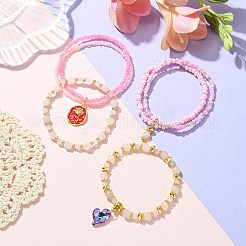 4 個 4 スタイルの天然ローズクォーツ & ガラスビーズストレッチブレスレットセット  ハート & アロイ ローズ ラブ チャーム スタッカブル ブレスレット 女性用  内径：2-1/8インチ（5.4cm）  1個/スタイル&nbsp;BJEW-JB09606-02