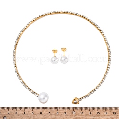 Круглые пластиковые серьги-гвоздики с имитацией жемчуга и колье-чокер с сердечками из кубического циркония и стразами SJEW-U003-08G