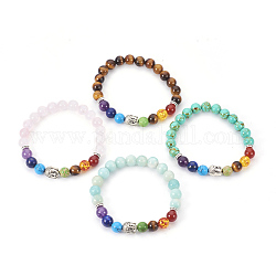 Natural & Synthetic Mixed Stone Stretch Bracelets, Chakra Jewelry, with Mixed Stone and Resin Beads, Metal Findings and Burlap Packing, Round, Buddha, 2 inch~2-1/8 inch(5.2~5.5cm)