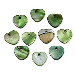 Natürliche Süßwasserschalen-Reize, gefärbt, Herz, olivgrün, 12.5x13x2 mm, Bohrung: 1.5 mm